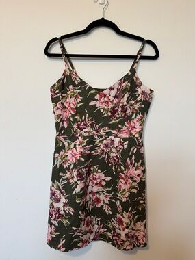 French Connection Olive Floral Slip Mini Dress with Pink Blooms